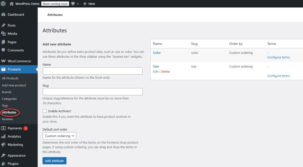 WooCommerce Product Attributes Admin Page
