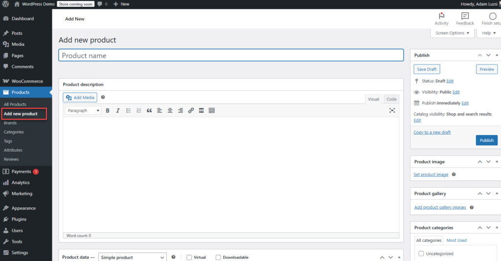 WooCommerce Add New Product page