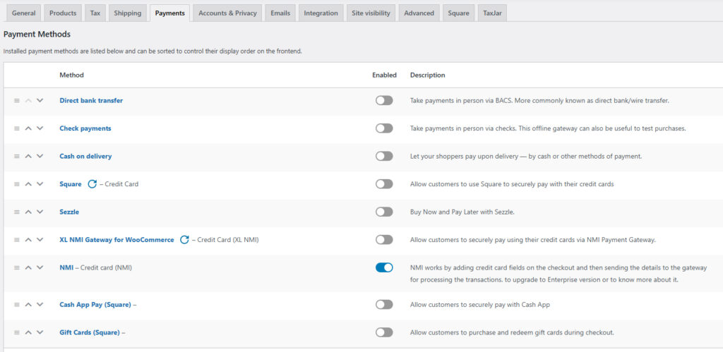 WooCommerce payment methods settings page with some examples