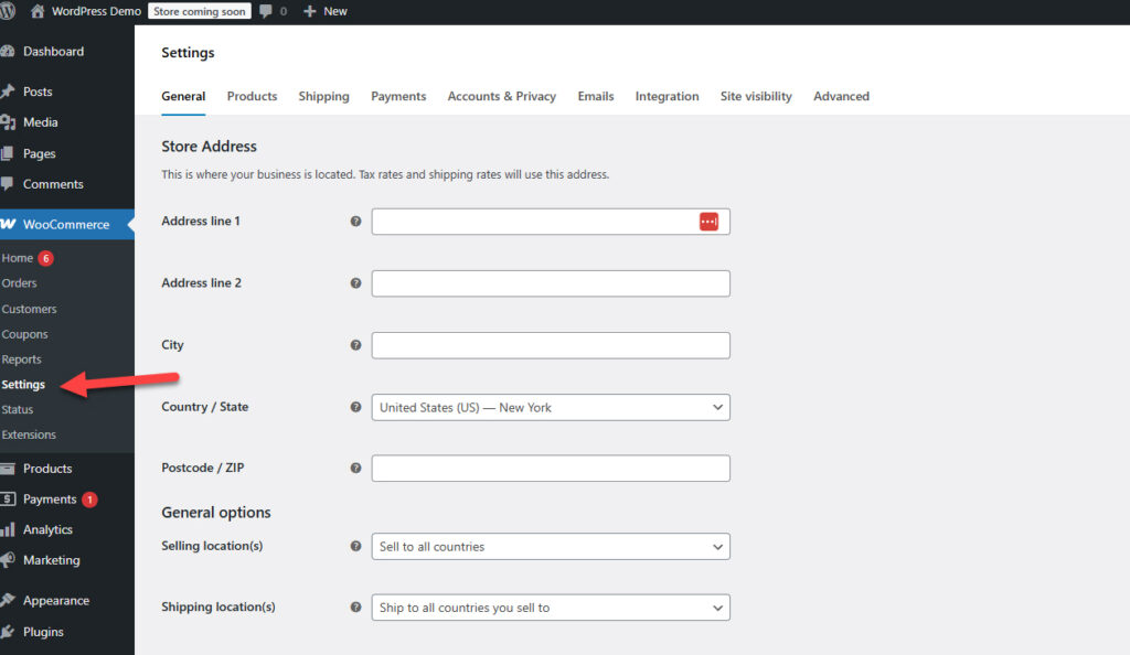 WooCommerce Settings page