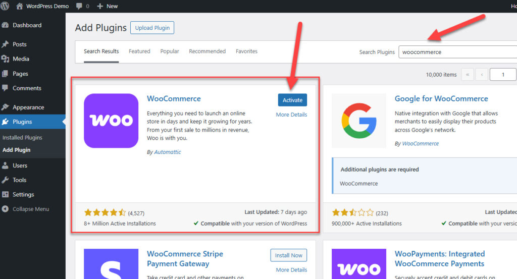 WooCommerce plugin installation page