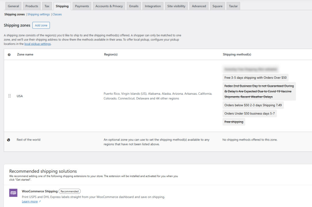 WooCommerce shipping settings page with examples