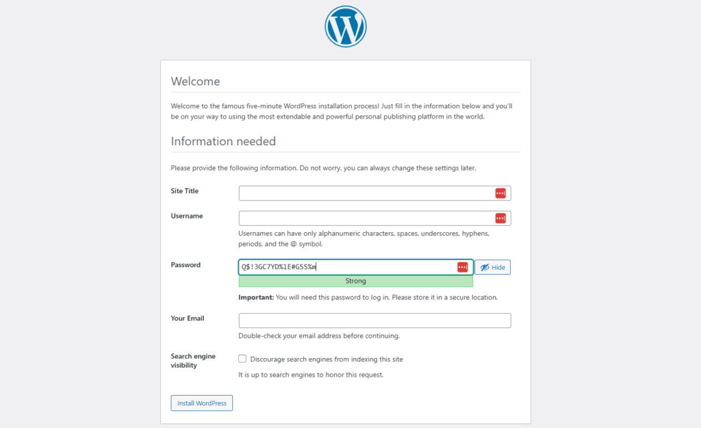 Manual WordPress Installation Screen